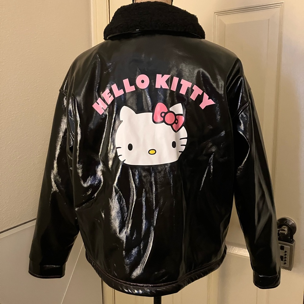 Rare Hello Kitty skinny dip London black faux patent leather bomber Jacket large